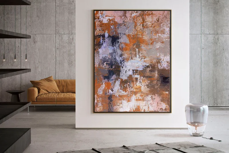 Vintage portrait canvas wall art for story-Orange Grey White Abstract Painting Acrylic Textured Fp031