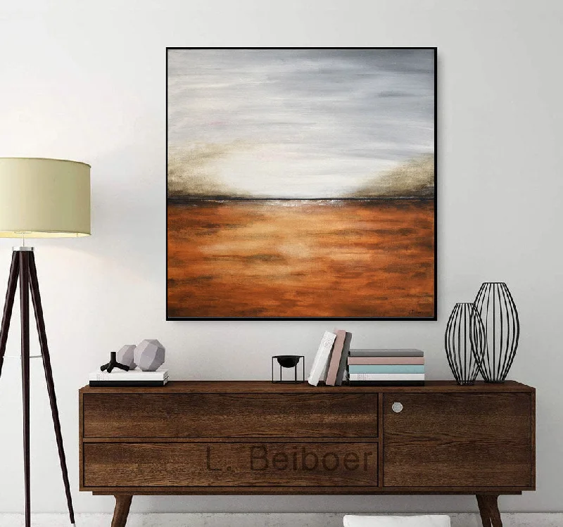 Boho style geometric canvas wall art for texture-Orange Landscape Art Painting Square Abstract Oil Painting Fp007