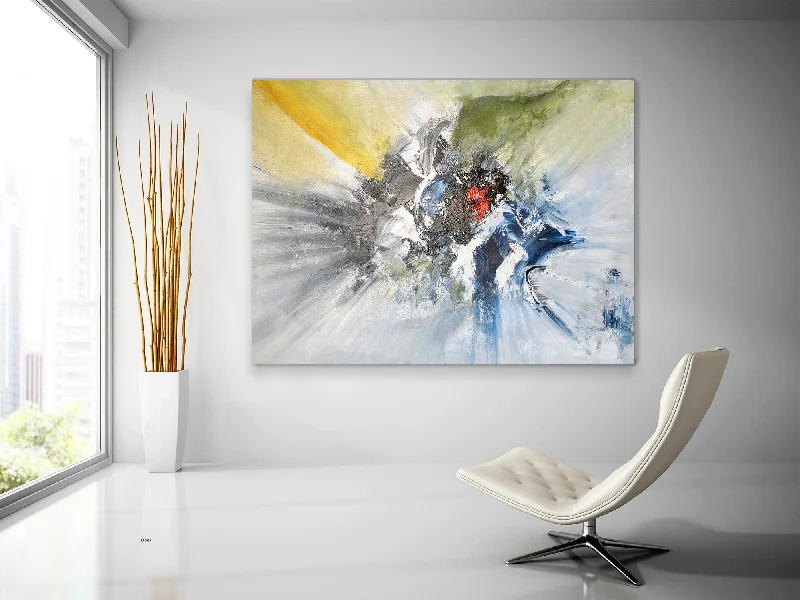 Modern colorful wall art for bold decor-Original Grey Yellow Blue Painting on Canvas Textured Wall Decor Fp079