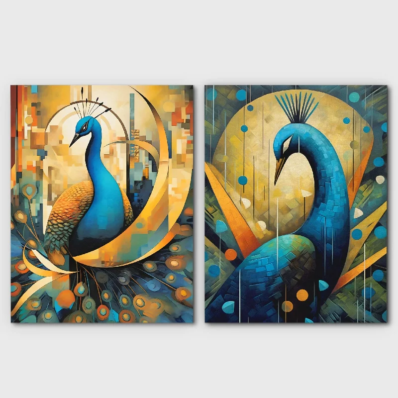 Nature themed animal abstract wall art for wild-Peacock Majesty (2) Set