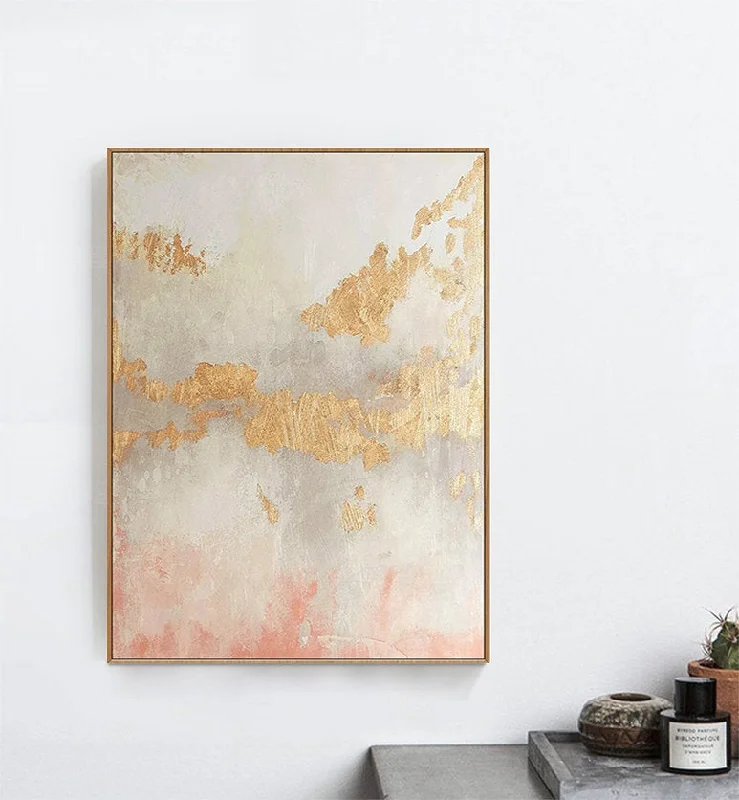 Boho style geometric canvas wall art for texture-Pink and Gold Abstract Art Big Painting for Living Room Op076