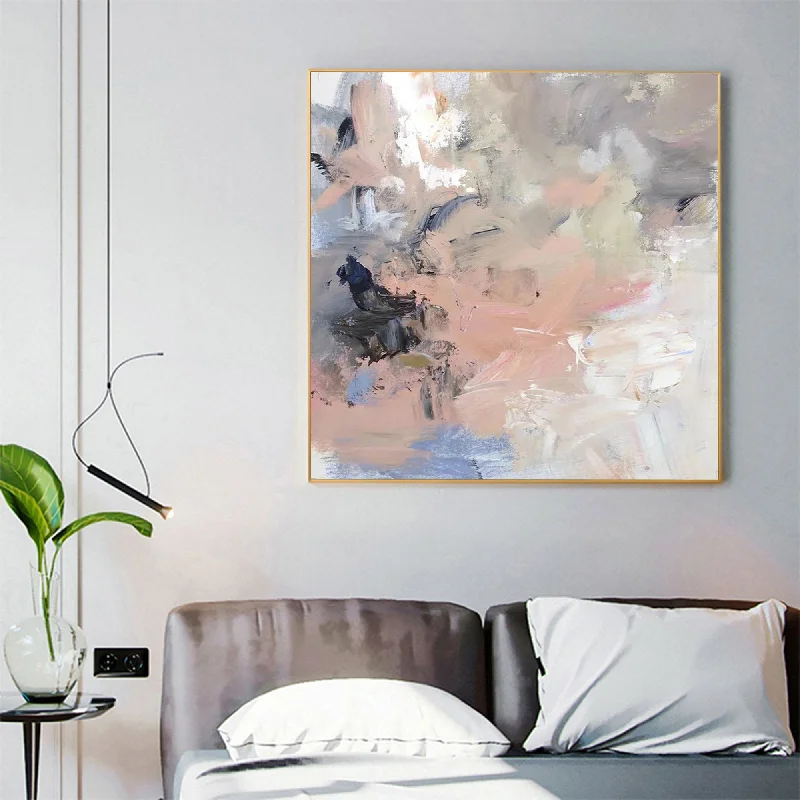 Custom framed floral abstract wall art for gift-Pink Blue Abstract Painting Beige Gray Painting Large Modern Wall Art Op004