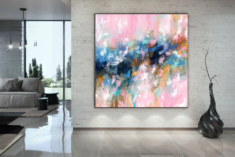 Hand-painted floral abstract wall art for charm-Pink Blue Palette Knife Abstract Painting Contemporary Art Fp065