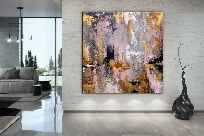 Custom framed abstract wall art for art lovers-Pink Gray Gold Palette Knife Abstract Painting Modern Wall Decor Fp082