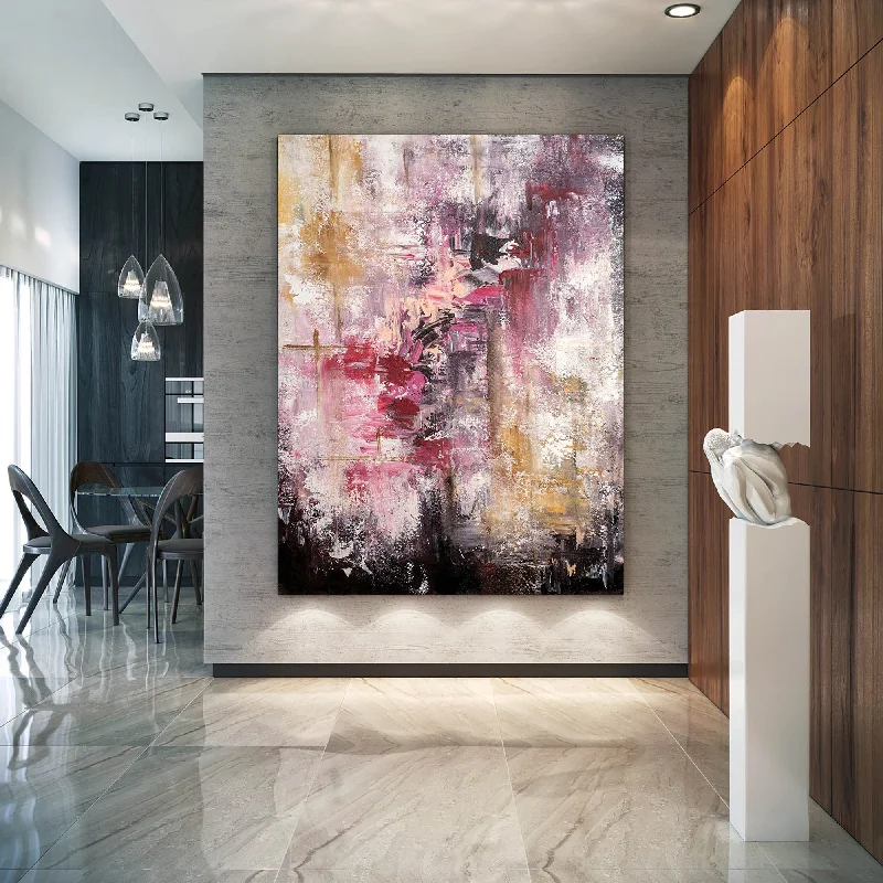 Large abstract floral wall art for statement-Pink Purple Abstract Painting Brown Painting for Home Fp074