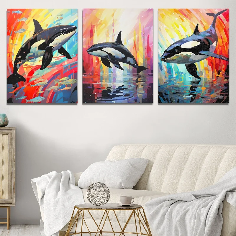 Luxury gold abstract canvas wall art for shine-Rainbow Orca Pod (3) Set