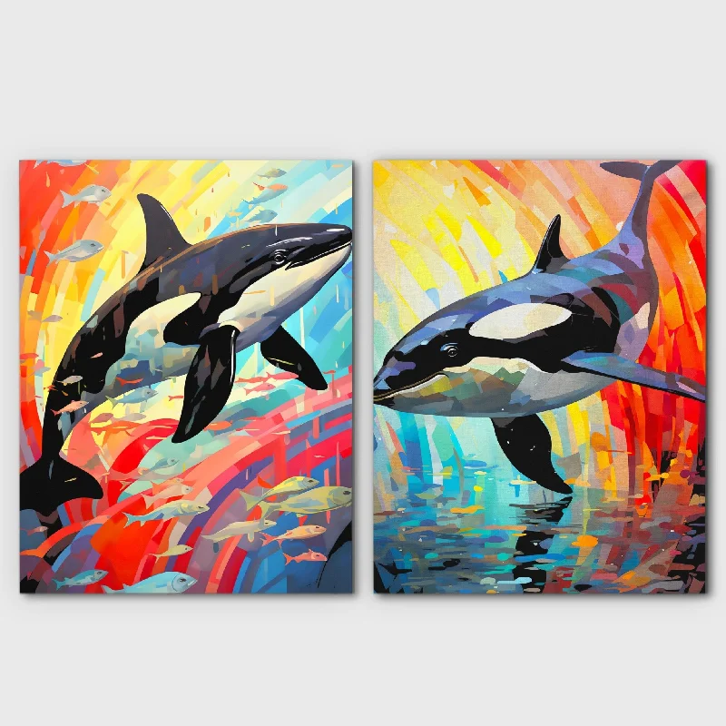 Minimalist black geometric wall art for chic-Rainbow Orcas (2) Set