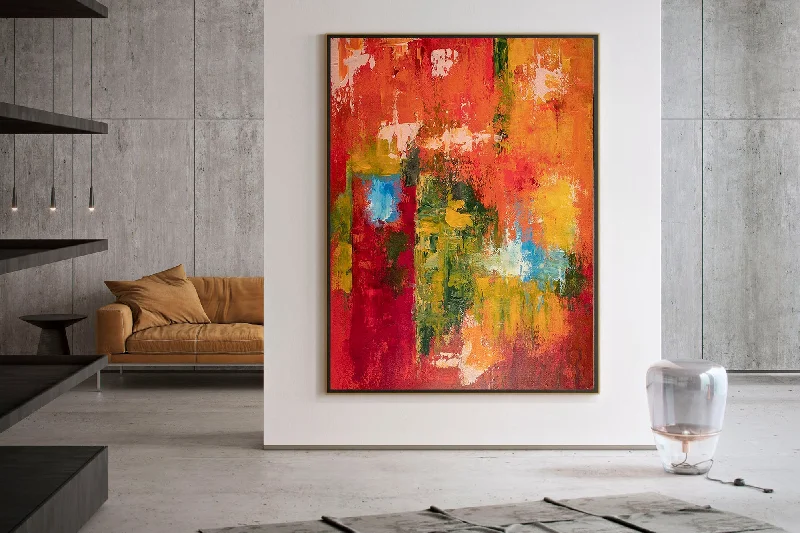 Boho style geometric canvas wall art for texture-Red Green Orange Abstract Painting Colorful Abstract Art Fp050