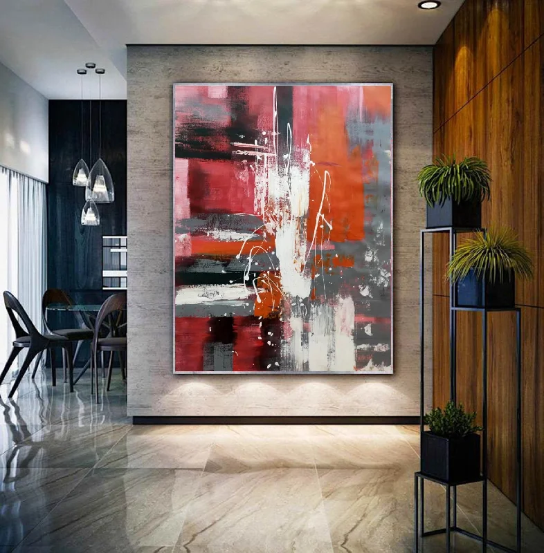 Vintage portrait canvas wall art for story-Red Grey Abstract Painting on Canvas Original Abstract Acrylic Painting Np107