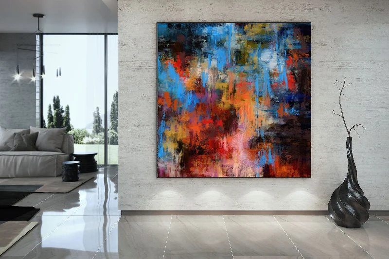 Modern art wall art for studio-Red Orange Blue Palette Knife Artwork Original Abstract Painting Fp090