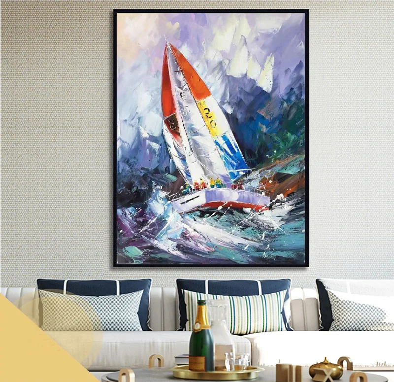 Vintage animal canvas wall art for nostalgia-Sailboat Painting on Canvas Nautical Painting Purple Painting Op017