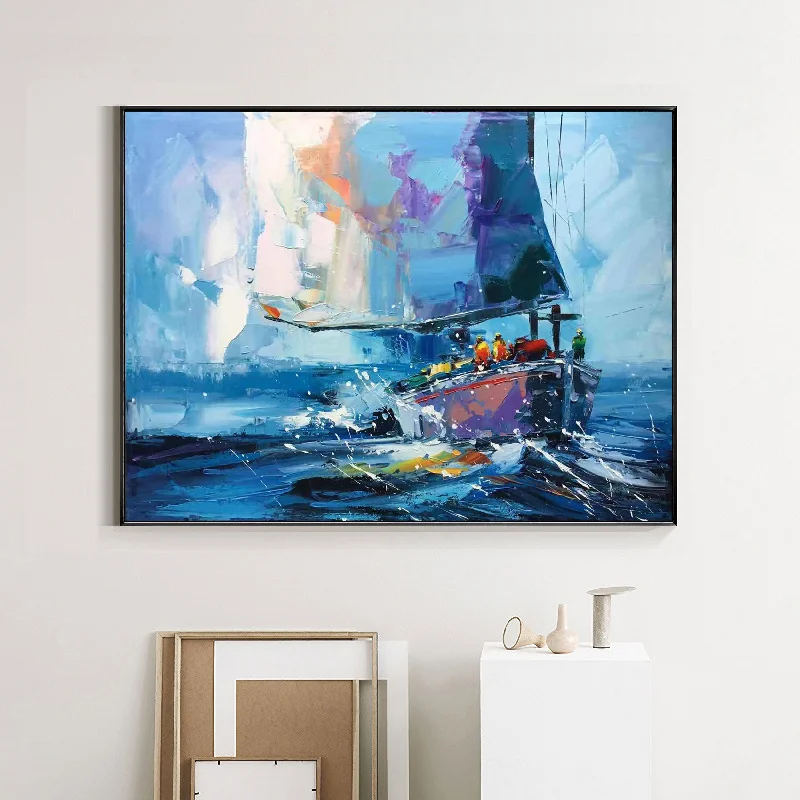 Large modern wall art for dramatic effect-Seascape Painting Blue Abstract Sailing Boat Painting Yp005