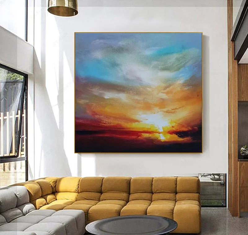 Rustic wooden abstract canvas wall art for style-Sky Abstract Painting Ocean Sunset Painting on Canvas Landscape Painting Op016