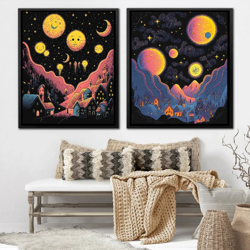 Small geometric animal wall art for subtlety-Starry Moon Cities (2) Set