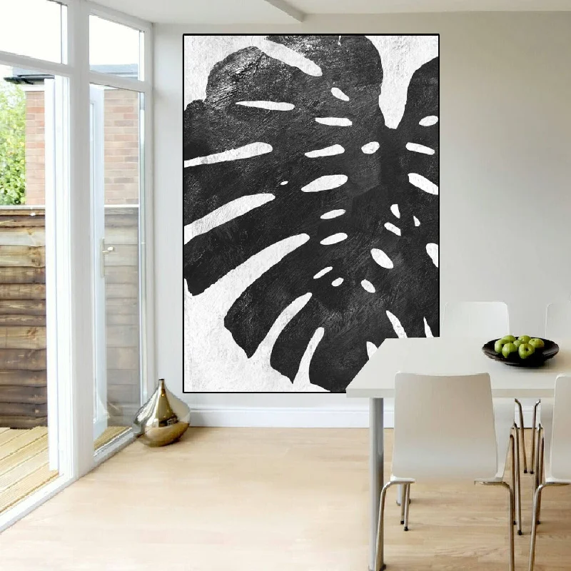 Rustic wooden floral wall art for texture-Tropical Leaf Original Abstract Painting Black and White Painting Yp094