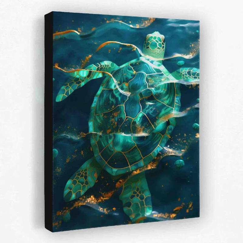 Large modern floral wall art for impact-Turtle in Gold Waves