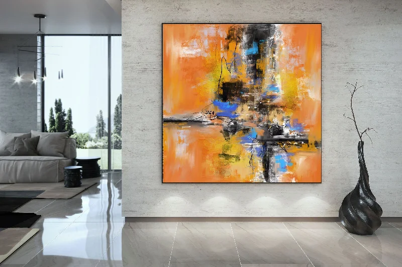 Luxury gold abstract wall art for glamour-Yellow Black Blue Palette Knife Artwork Original Modern Wall Decor Fp037